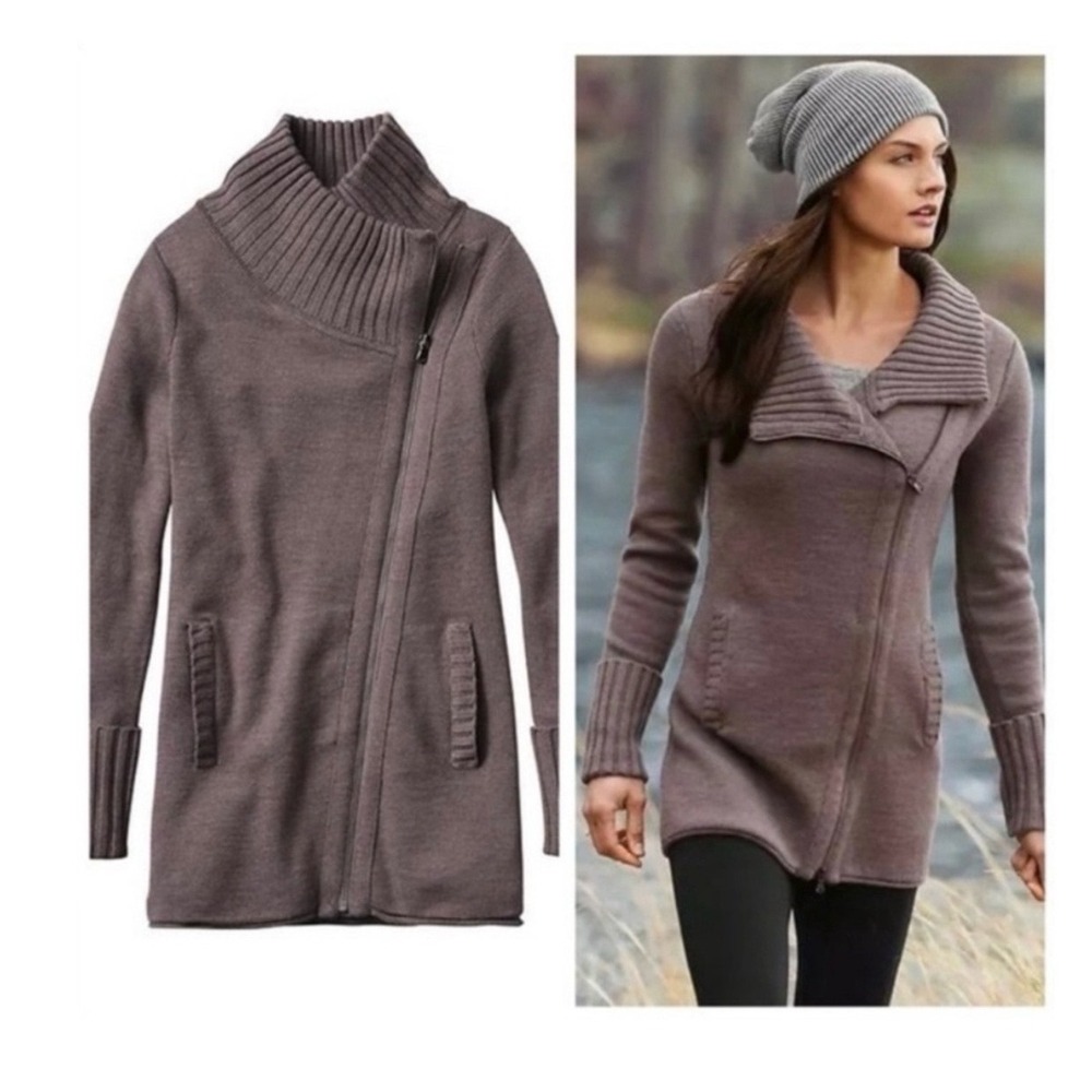 Athleta Chill Factor Cardigan Women's Medium Taupe Asymmetrical Zip Wool Sweater